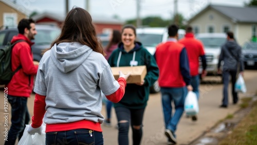 Volunteers Distributing Food and Water to Disaster Victims in a Residential Area photo