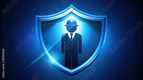 Shield-shaped icon featuring a bold, blue-clad security guard silhouette with a flashlight, conveying protection, safety, and vigilance in a modern, minimalist style. photo