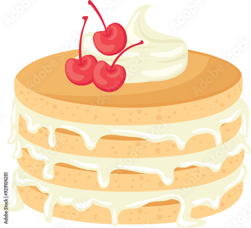 Pancakes with whipped cream and cherries cartoon icon
