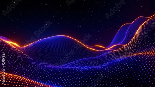 Abstract digital landscape with glowing waves and dots against a starry background.