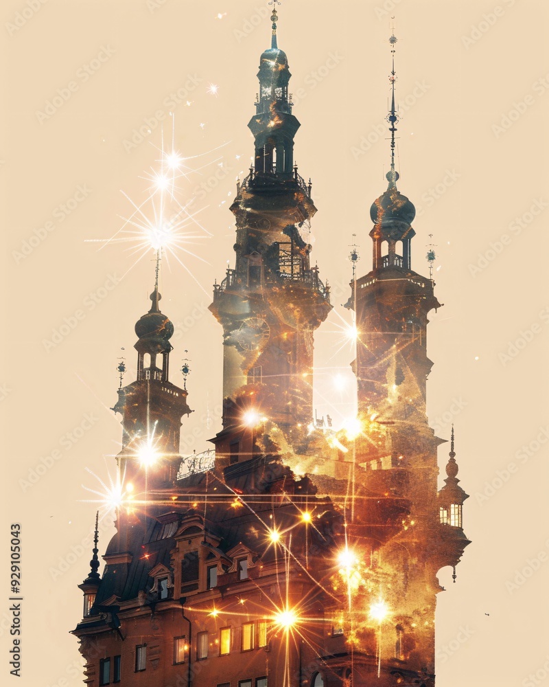 Tjorn, Sweden Skyline Art: Bright, Beige with Sparkles - A building with towers and lights Tjorn, Sweden Skyline Art: Bright, Beige with Sparkles - A building with towers and lights