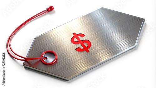 Shiny metallic price tag with a red marker line crossing through a higher amount, indicating a discounted offer or sale on a desirable product. photo