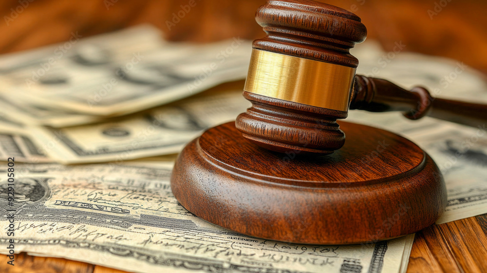 Wooden judge gavel resting on united states dollar bills on desk is concept for corruption, bribery, law, auction and punishment Wooden judge gavel resting on united states dollar bills on desk is concept for corruption, bribery, law, auction and punishment