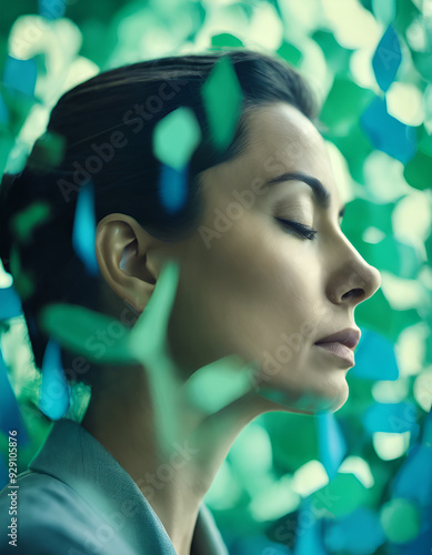 abstract side profile portrait of woman meditating solemnly photo