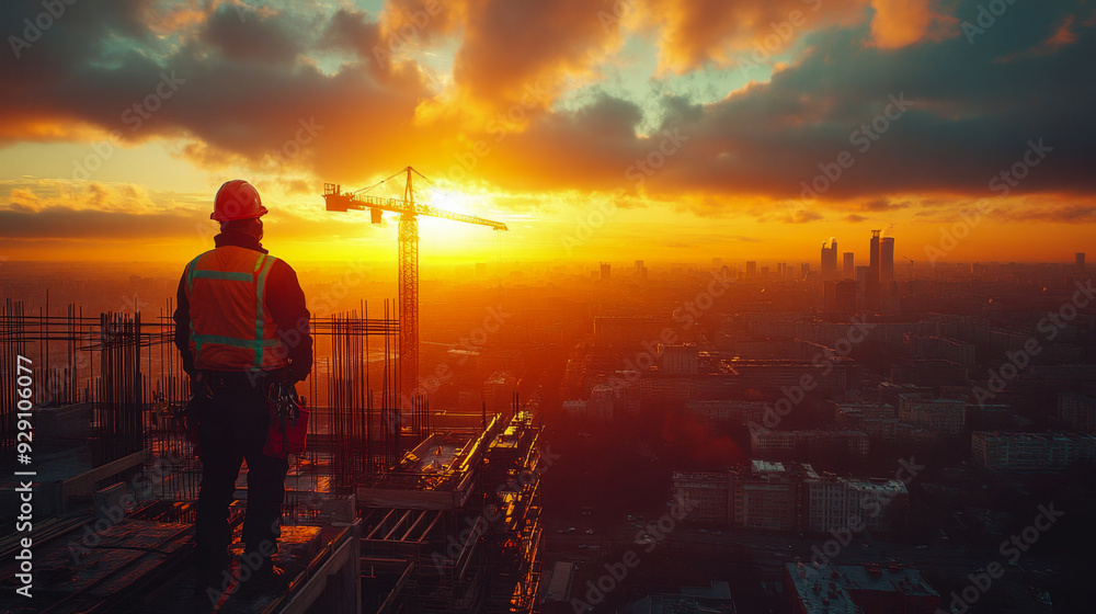 Construction worker admiring the city skyline at sunset from the building site Construction worker admiring the city skyline at sunset from the building site