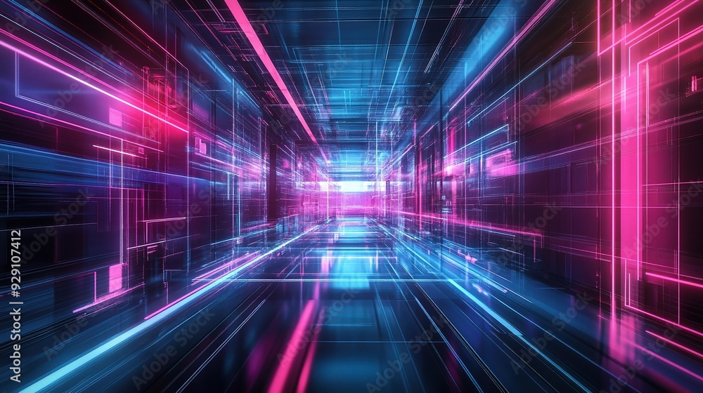Neon Corridor: A mesmerizing abstract tunnel of glowing pink and blue neon lights, creating a dynamic and futuristic digital landscape. This captivating image evokes a sense of movement, speed, and th Neon Corridor: A mesmerizing abstract tunnel of glowing pink and blue neon lights, creating a dynamic and futuristic digital landscape. This captivating image evokes a sense of movement, speed, and th