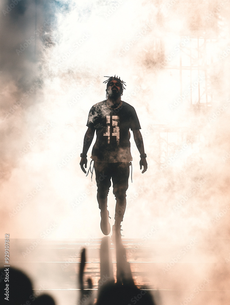 Hip Hop Artist Making a Dramatic Entrance Through Fog Hip Hop Artist Making a Dramatic Entrance Through Fog
