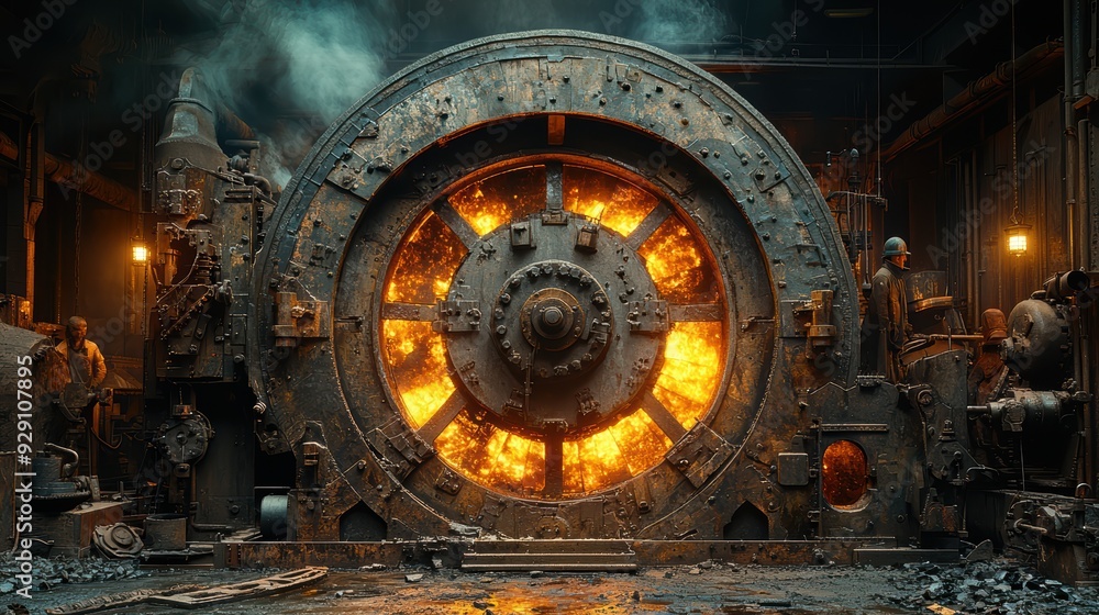 Heavy industry, retro machine, steam engine and metalwork, first industrial revolution concept Heavy industry, retro machine, steam engine and metalwork, first industrial revolution concept