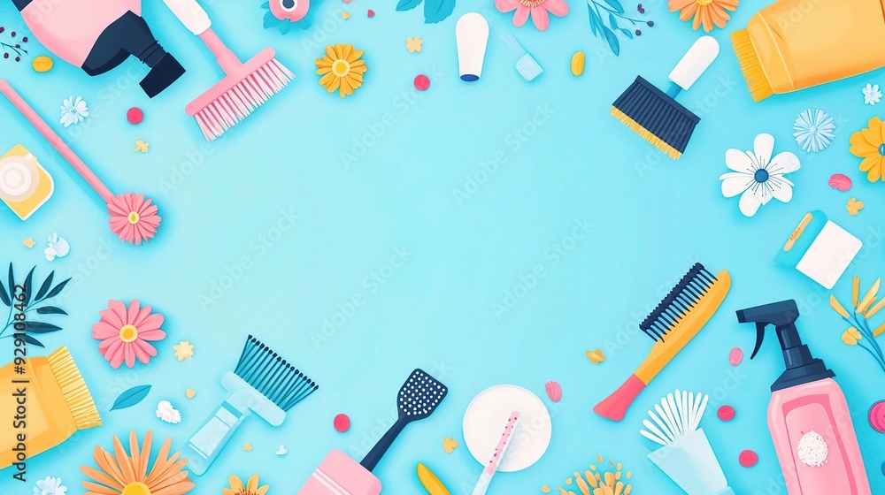Spring Cleaning Symphony: A vibrant flat lay of cleaning supplies blooms with floral accents on a cheerful blue backdrop Spring Cleaning Symphony: A vibrant flat lay of cleaning supplies blooms with floral accents on a cheerful blue backdrop