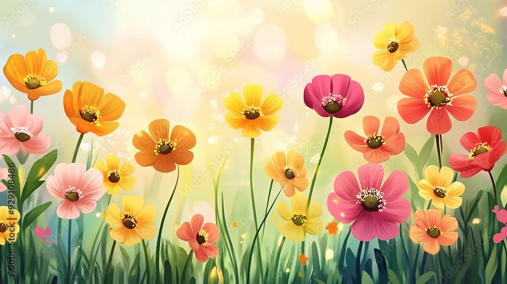 Fototapeta premium Springtime Bloom: A vibrant meadow bursts with colorful wildflowers, bathed in warm sunshine and sparkling bokeh, creating a serene and joyful scene. 