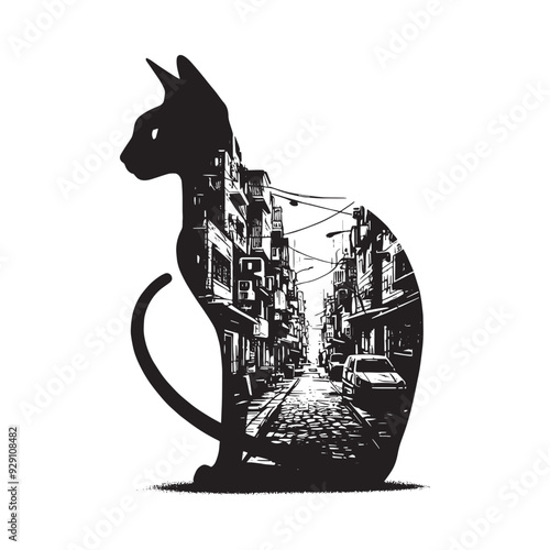 silhouette of Sphynx cat, filled with ghetto street in rough drawing, minimalist,