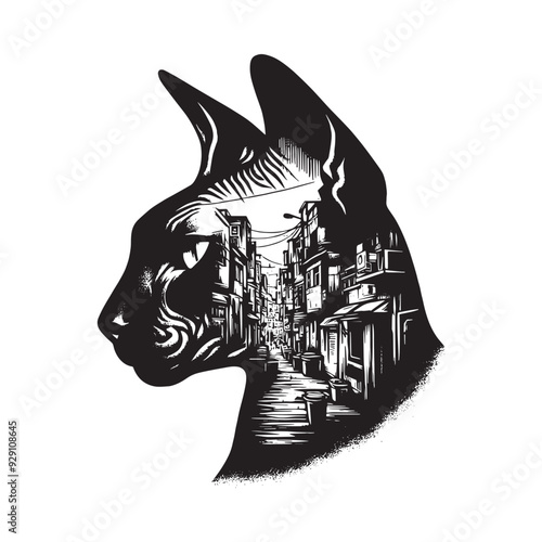 silhouette of Sphynx cat , filled with ghetto street in rough drawing, minimalist,