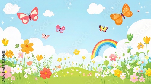 Magical Meadow: A vibrant and whimsical illustration of a spring meadow, filled with blooming flowers, fluttering butterflies, and a rainbow arching across the blue sky. 
