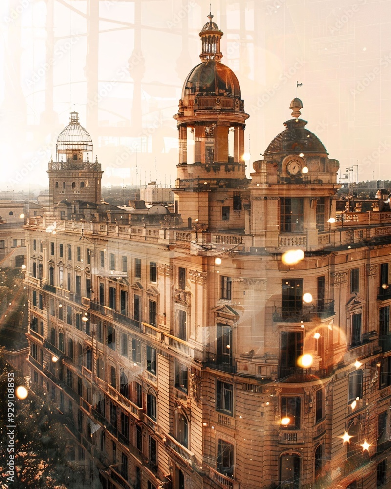 Fototapeta premium Sardinia, Italy: Double Exposure Skyline Art - A building with a clock tower