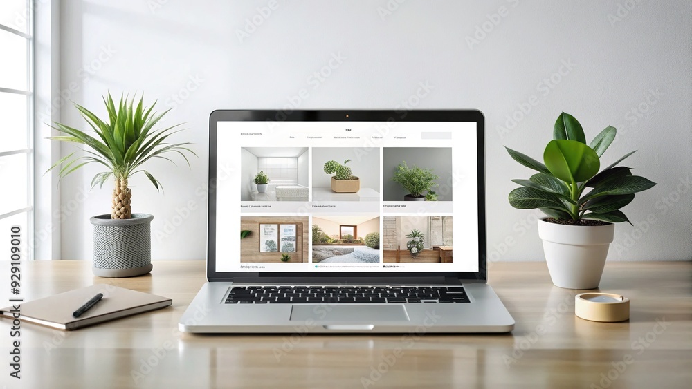 Fototapeta premium Sleek and modern minimalist website design concept featuring a clean white background with simple icons and bold typography on a laptop screen.