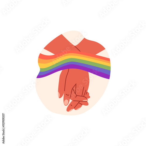 Hand shake, romantic homosexual couple hands holding with rainbow LGBT flag community, vector Love and unity arm gesture