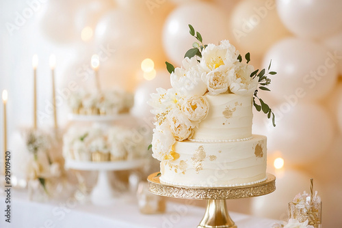 Marble background, gold and white balloons, glitter.