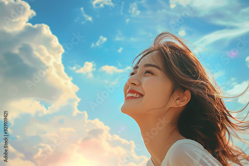 a photo of beautiful Asian woman smiling and she is looking at sky