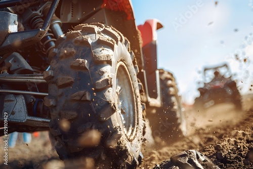 A close up of ATV front showcasing its rugged wheel photo