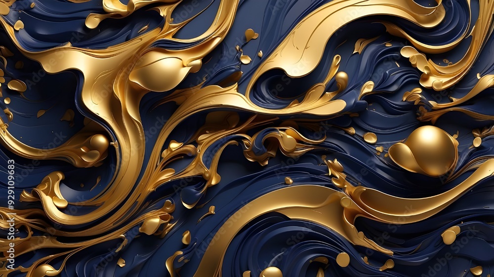 Gold powder infused with gorgeous navy blue liquid swirls. Elegant Wallpaper Designs. AI generative. Gold powder infused with gorgeous navy blue liquid swirls. Elegant Wallpaper Designs. AI generative.