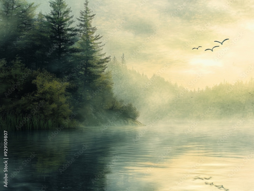 Fototapeta premium Tranquil Morning Mist Over Serene Lake at DawnGentle Reflections