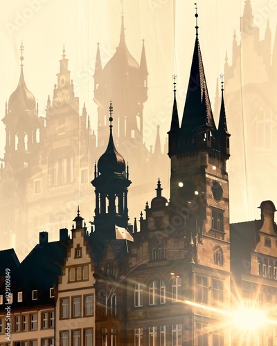 Münster Skyline Composite Art Poster, Double Exposure - A building with towers and a reflection of the sun