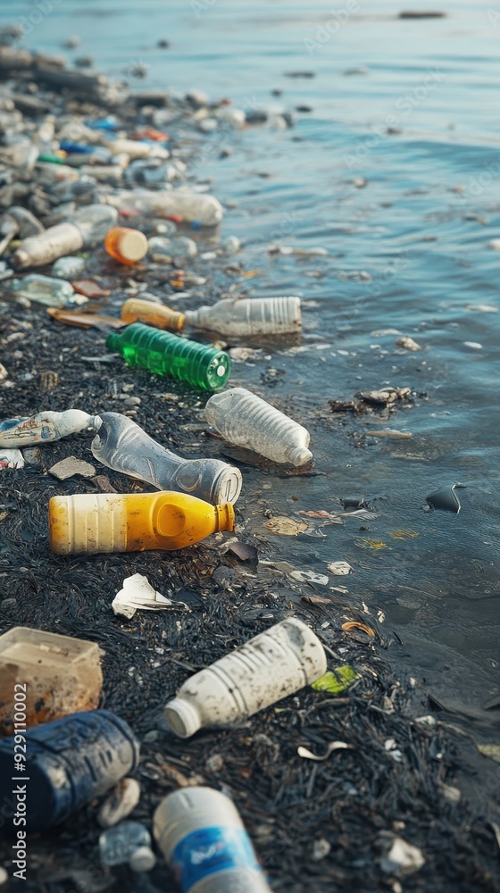 Obraz premium Trash accumulates along the water's edge, highlighting pollution and environmental neglect at the beach