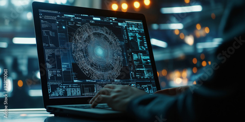Advanced Security Software for Domestic Threat Prevention. A close-up of a laptop displaying sophisticated AI software used by American security services to analyze data and prevent terrorism.