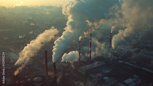 Smoke rises from factory chimneys against a sunset backdrop, highlighting industrial activity in a city photo