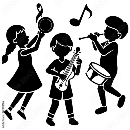 Kids and music children playing musical instrument illustration