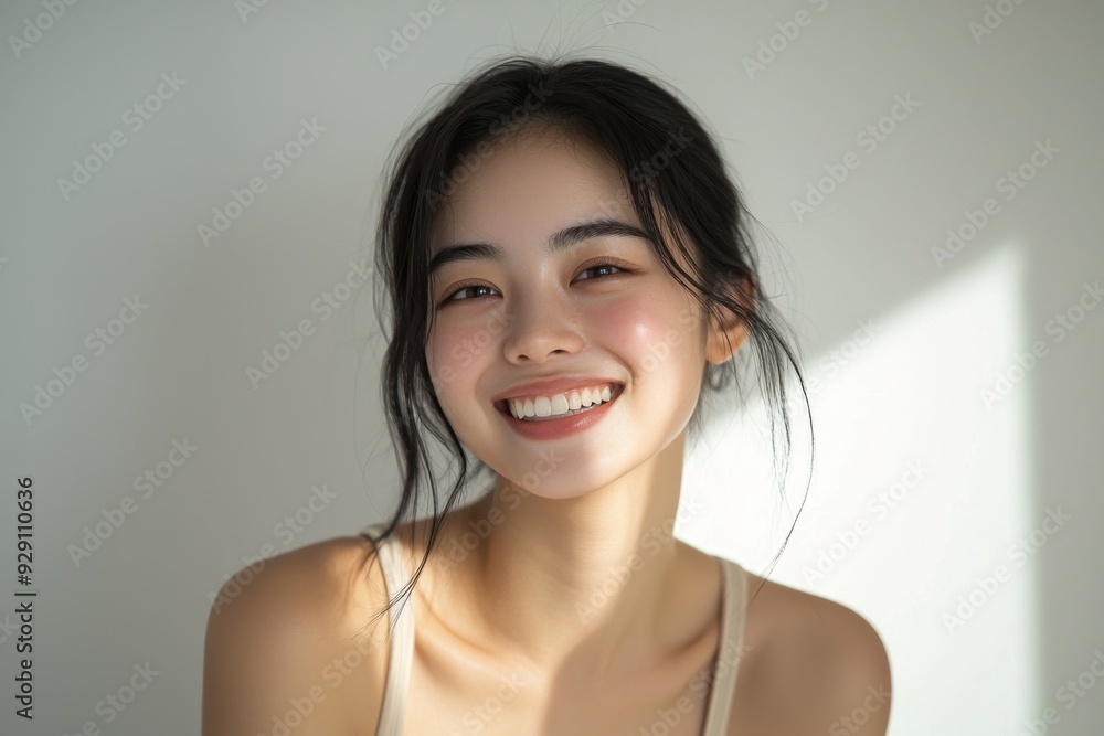 Beautiful young Asian woman smiling and happy created with Generative AI Beautiful young Asian woman smiling and happy created with Generative AI