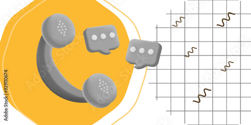 Wallpaper Mural Trendy halftone 3D illustration with a retro phone icon and chat bubbles, set against a yellow and grid background Torontodigital.ca