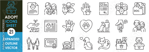 A set of line icons related to Adopt. Adoption, care, cat, dog, pet, child, family, parents, agreement, plant, documents, and so on. Vector outline icons set.