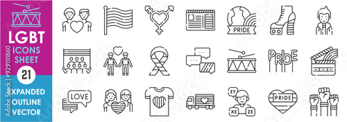 A set of line icons related to LGBT. LGBT, pride, love, month, cinema, gender, and so on. Vector outline icons set.