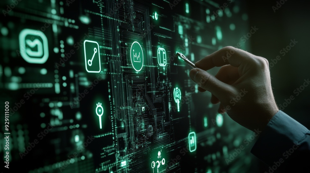 Digital Interface: Hand Interacting with Futuristic Technology Digital Interface: Hand Interacting with Futuristic Technology