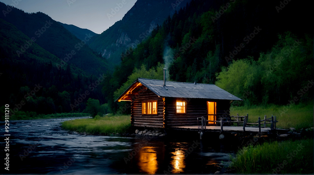 Night scene with a wooden house on the bank of a mountain river Night scene with a wooden house on the bank of a mountain river