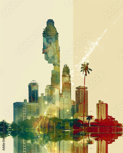 Alto Barinas: Double Exposure Skyline Artwork - A city with tall buildings and palm trees photo