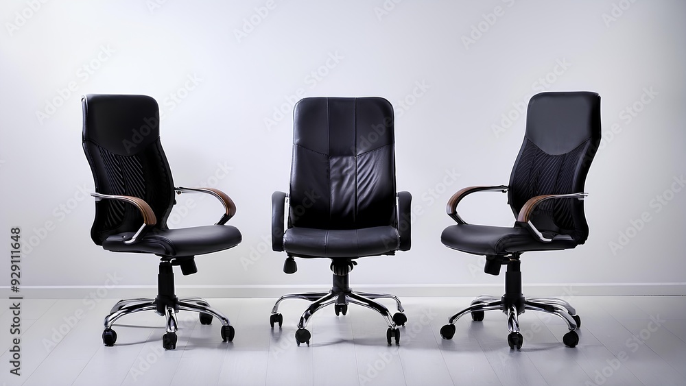 Office chairs are in a row. Dark office chairs on a white background. Office chairs are in a row. Dark office chairs on a white background.