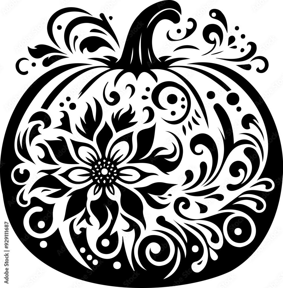 Floral pumpkin silhouette design combines autumnal elegance with intricate botanical patterns. Perfect for seasonal decorations, this creative illustration captures the essence of fall Floral pumpkin silhouette design combines autumnal elegance with intricate botanical patterns. Perfect for seasonal decorations, this creative illustration captures the essence of fall