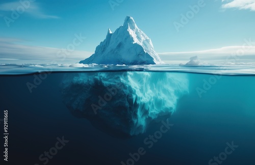 A large ice block is floating in the ocean. The water is blue and the sky is clear photo