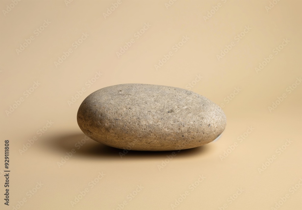 A large rock sits on a tan surface. The rock is smooth and has a greyish color. It is a natural stone, possibly a piece of granite or marble A large rock sits on a tan surface. The rock is smooth and has a greyish color. It is a natural stone, possibly a piece of granite or marble