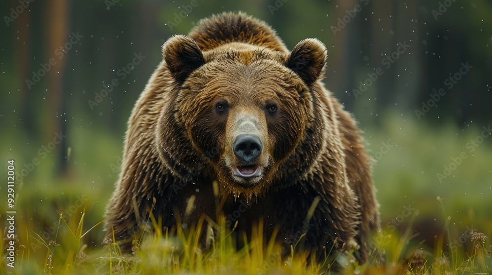 A close-up portrait of a brown bear standing in a forest. A close-up portrait of a brown bear standing in a forest.