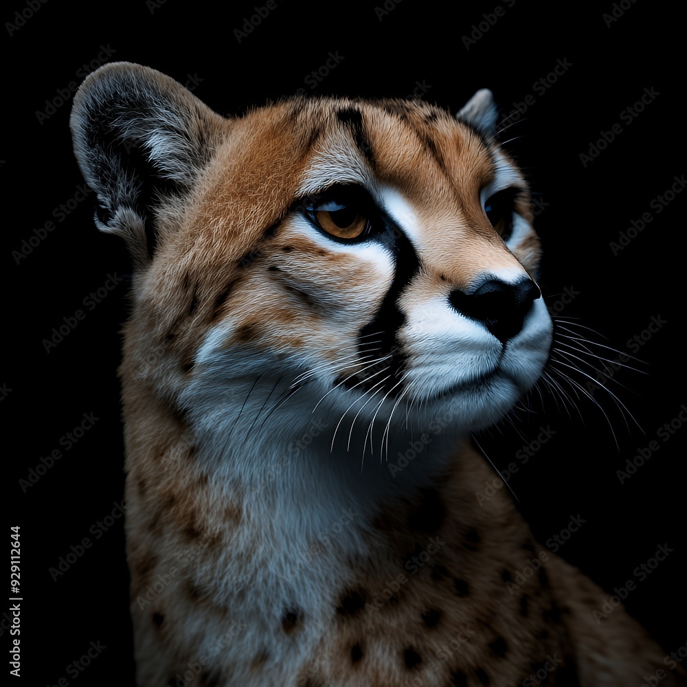 A close-up of a cheetah's face against a dark background. A close-up of a cheetah's face against a dark background.