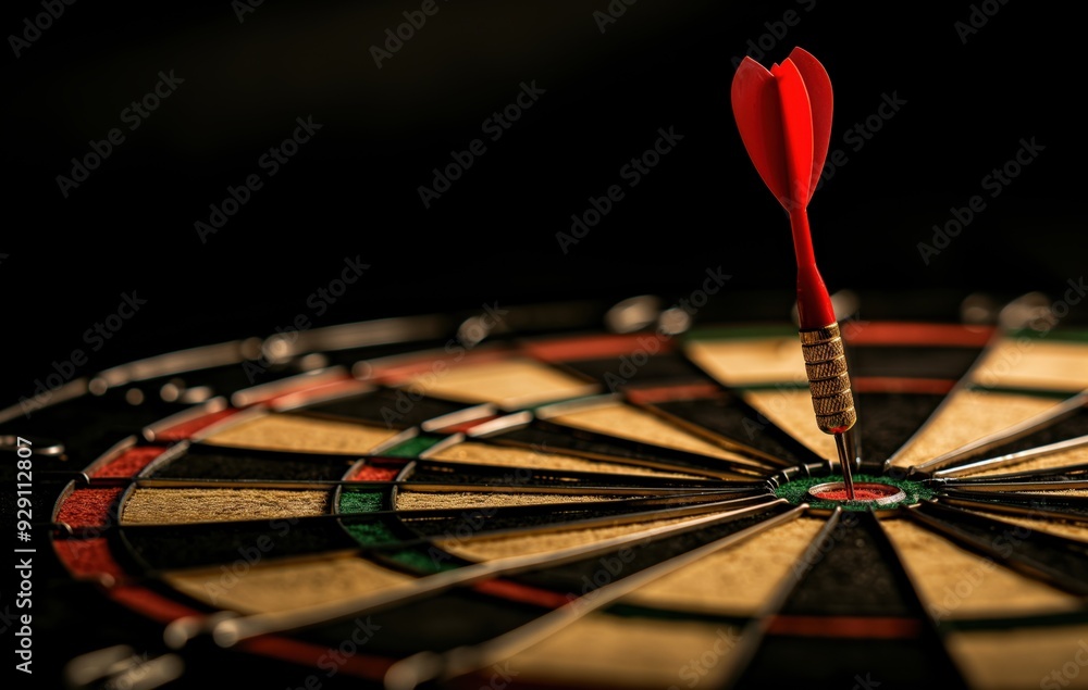 A red dart is on a black target. Concept of focus and determination, as the dart is aimed at the center of the target A red dart is on a black target. Concept of focus and determination, as the dart is aimed at the center of the target