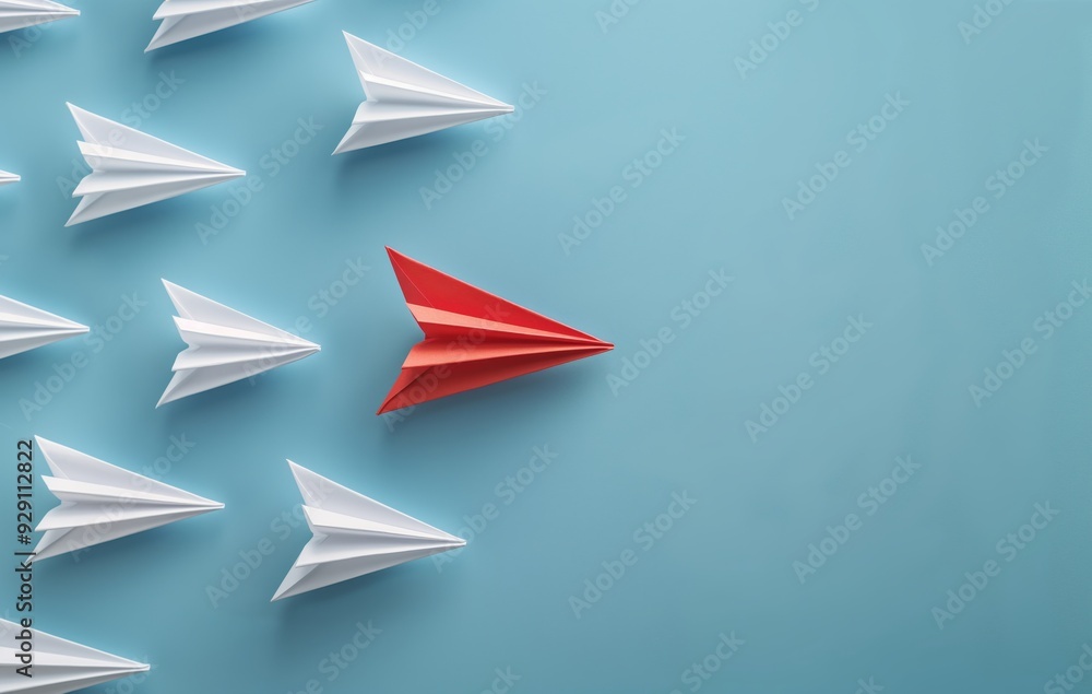 A red paper airplane is flying through a row of white paper airplanes A red paper airplane is flying through a row of white paper airplanes