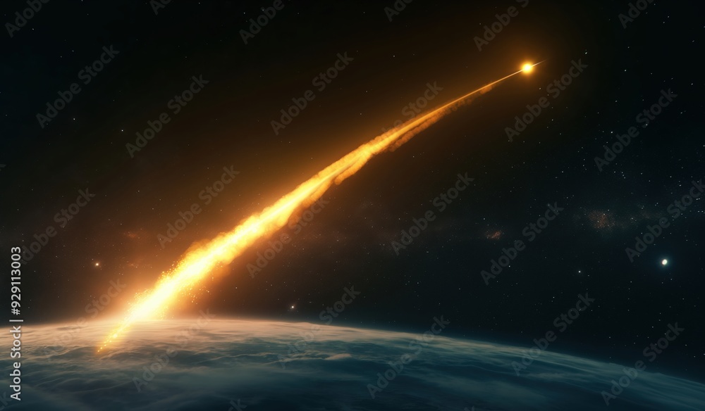 A rocket is flying through the sky, leaving a trail of fire behind it. Concept of adventure and exploration, as well as the power and excitement of space travel A rocket is flying through the sky, leaving a trail of fire behind it. Concept of adventure and exploration, as well as the power and excitement of space travel