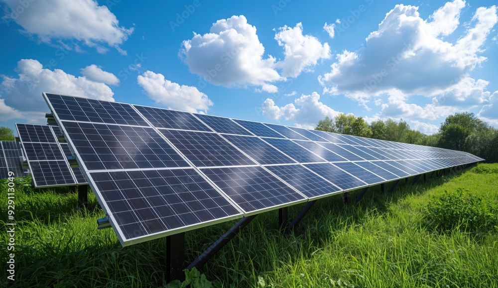 A row of solar panels are installed in a field A row of solar panels are installed in a field