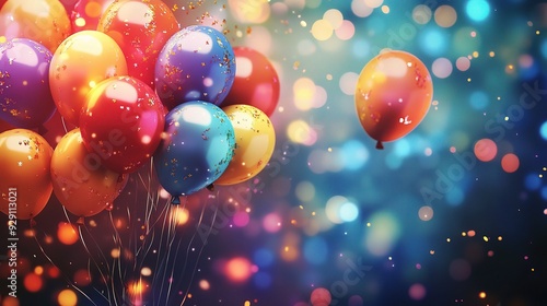 celebration scene with balloons, confetti, and party elements, copy space