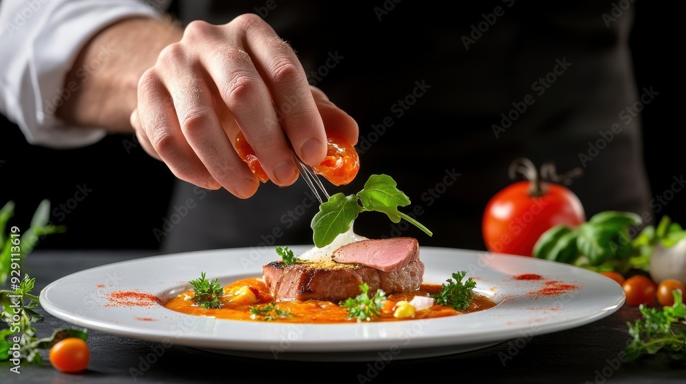 A chef garnishes a gourmet dish with fresh ingredients, showcasing culinary art and attention to detail in a restaurant setting. A chef garnishes a gourmet dish with fresh ingredients, showcasing culinary art and attention to detail in a restaurant setting.