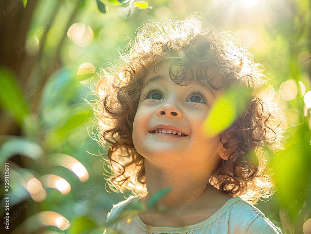 A toddler is playing in the park with a happy expression, sunlight is shining from behind A toddler is playing in the park with a happy expression, sunlight is shining from behind